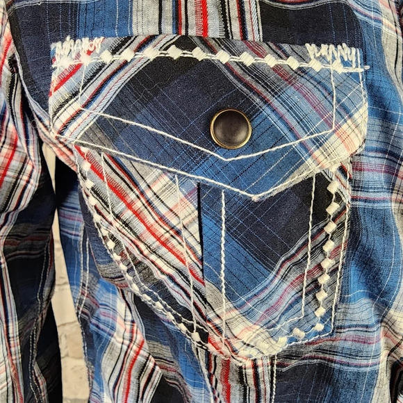 Panhandle Slim Plaid Pearl Snap Shirt Embroidered Blue Red Size Medium - Picture 5 of 16